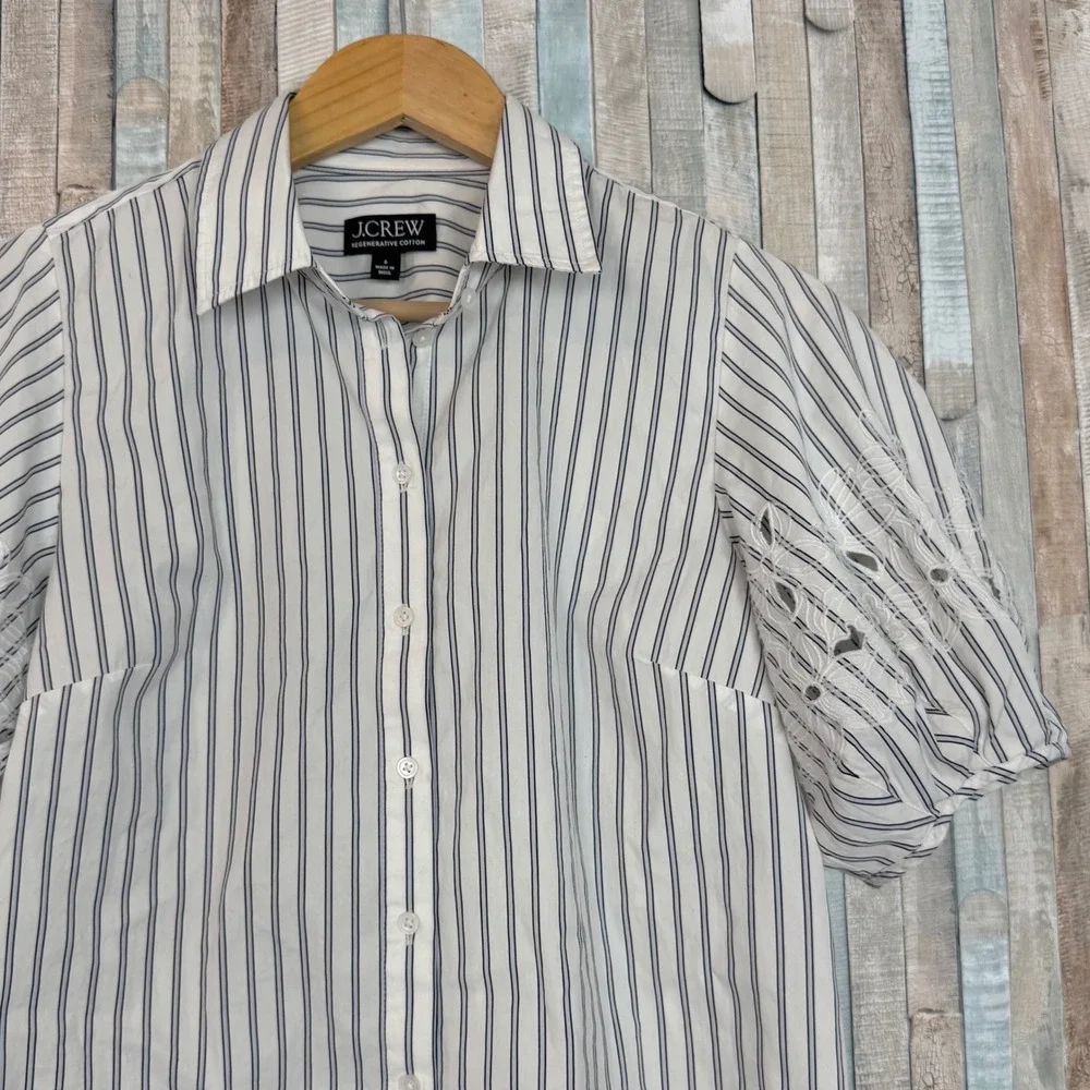 J Crew 6 Striped Cotton Poplin Eyelet Embroidered Puff Sleeve Shirt Top Button